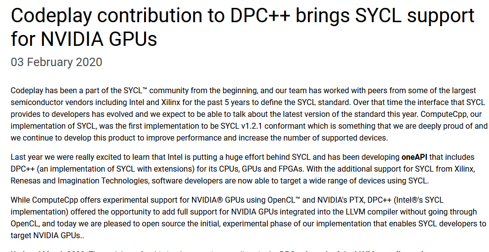 Codeplay contribution to DPC++ brings SYCL support for NVIDIA GPUs Image